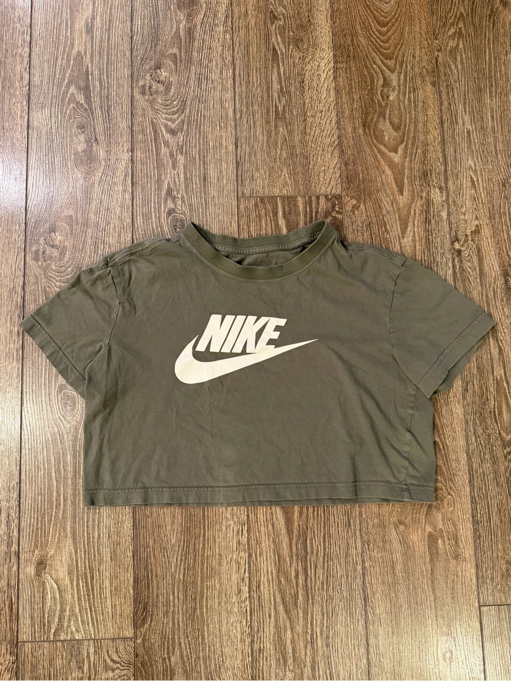 Nike Olive Green Cropped Logo Tee with White Swoosh